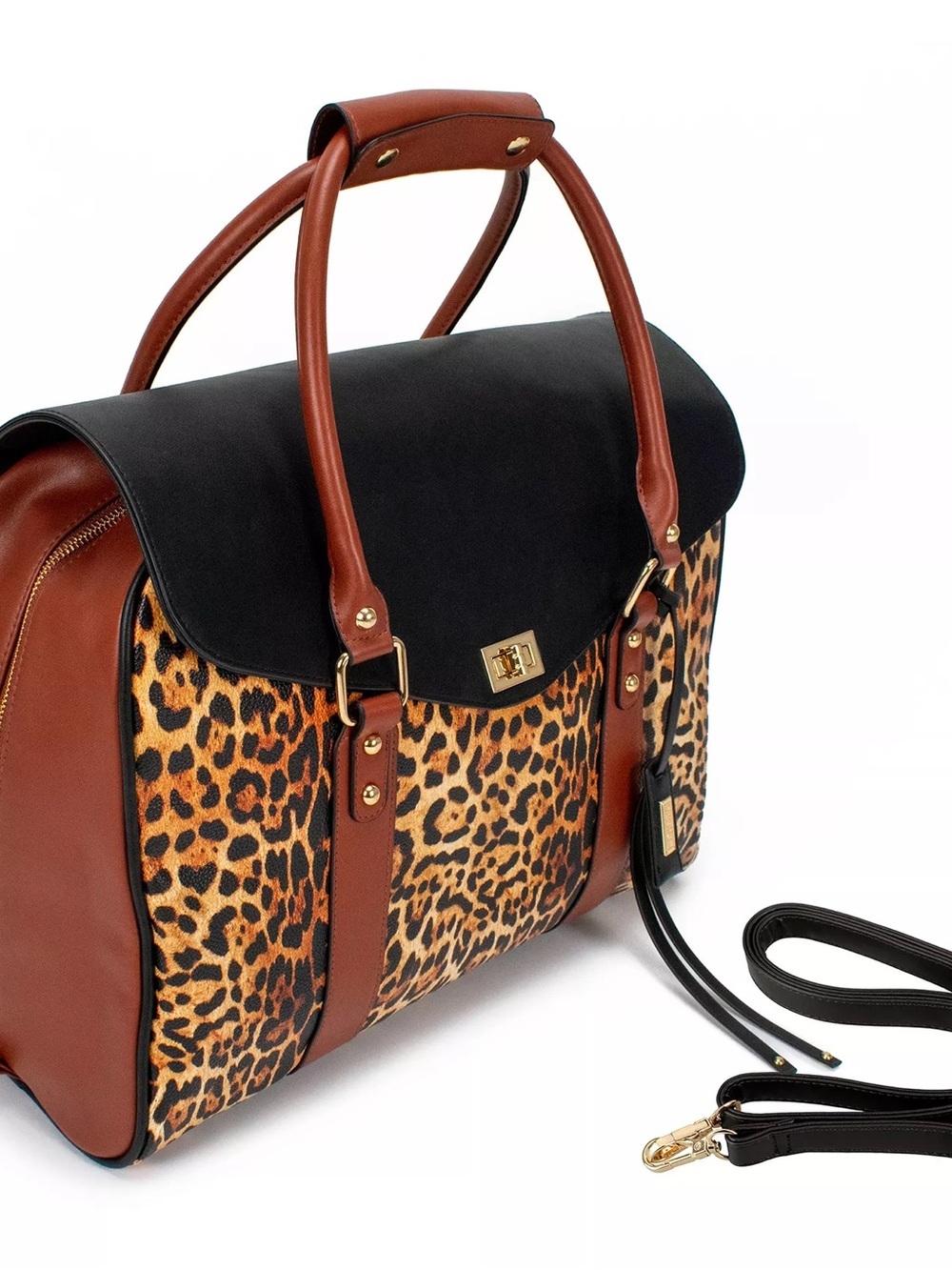 Badgley Mischka Leopard Print Leather Satchel Black Brown Accents weekender bag - Picture 8 of 15